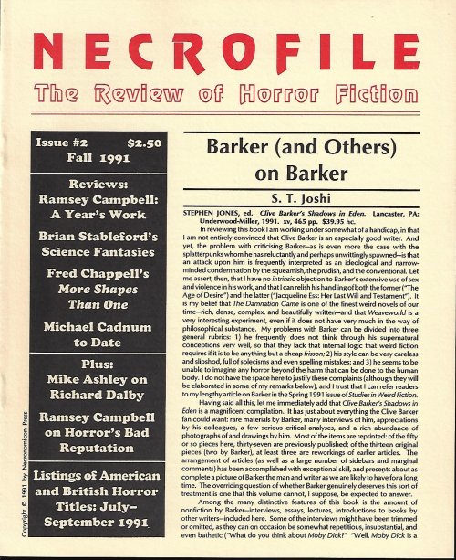 NECROFILE (S. T. JOSHI; RAMSEY CAMPBELL; MIKE ASHLEY) - Necrofile; the Review of Horror Fiction: No. 2, Fall 1991