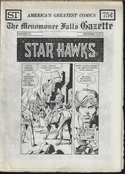 MENOMONEE FALLS GAZETTE - The Menomonee Falls Gazette #231, December, Dec. 15, 1977 (Howard the Duck, Star Hawks, Modesty Blaise, James Bond, Superman, the Seekers, Krazy Kat, Popeye, Batman, Scarth Ad 2195 and More)