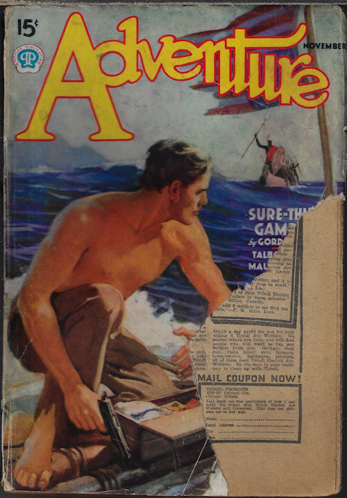 ADVENTURE (GORDON YOUNG; H. BEDFORD-JONES; BILL ADAMS; CEDRIC W. WINDAS; MAURICE WALSH; HENRY HERBERT KNIBBS; DIOMEDES DE PEREYRA; TALBOT MUNDY; GORDON MACCREAGH) - Adventure: November, Nov. 1937 (