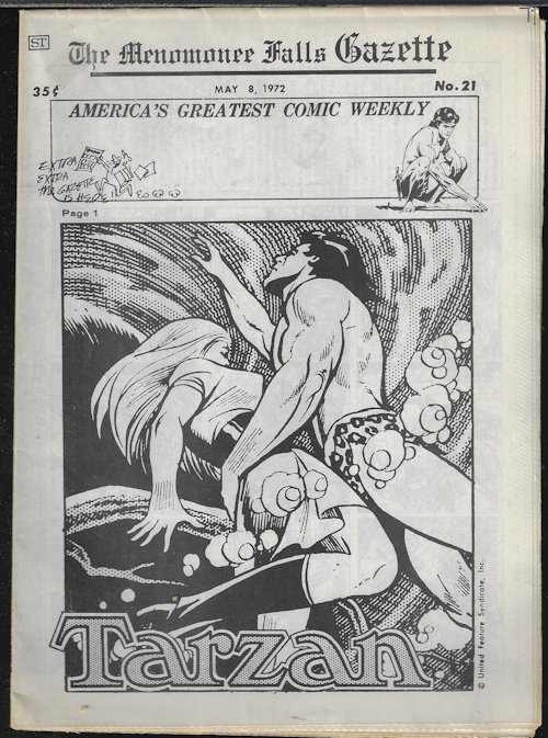 MENOMONEE FALLS GAZETTE - The Menomonee Falls Gazette #21, May 8, 1972 (Tarzan; Modesty Blaise; Secret Agent Corrigan; Jeff Hawke; Dateline: Danger!, James Bond; Rip Kirby; Air Hawk, Flash Gorgon, the Phantom, Superman, Mandrake the Magician, Drift Marlo, Johnny Hazard, Jeff Cobb)