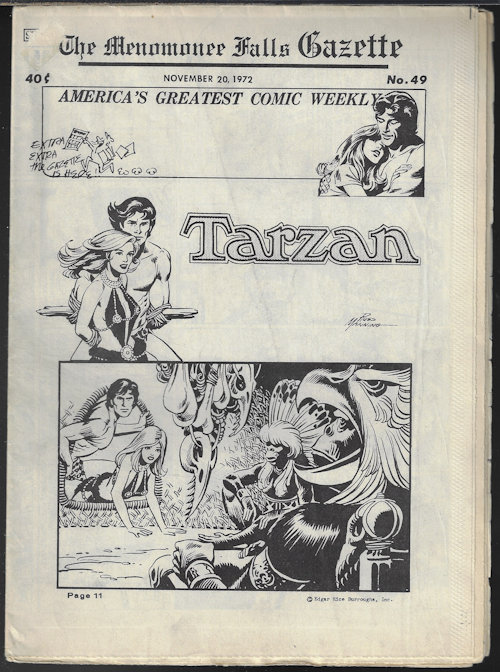 MENOMONEE FALLS GAZETTE - The Menomonee Falls Gazette #49, November, Nov. 20, 1972 (Tarzan, Garth, Johnny Hazard; Modesty Blaise, Secret Agent Corrigan, Air Hawk, Rip Kirby, Mandrake the Magician,M the Phantom, Flash Gordon, Superman, More)