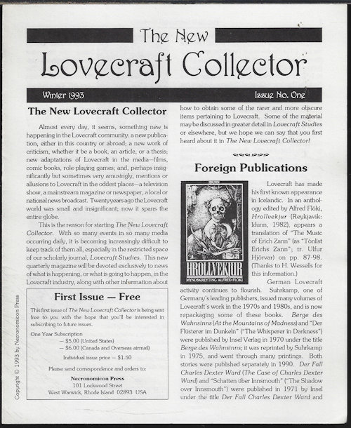 NEW LOVECRAFT COLLECTOR - The New Lovecraft Collector; No. One (1), Winter 1993