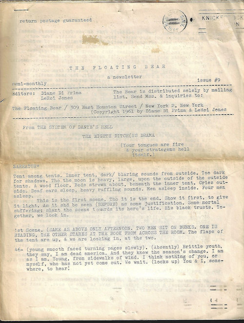 THE FLOATING BEAR (DIANE DI PRIMA & LEROI JONES, EDITORS)(WILLIAM BURROUGHS; PHILIP WHALEN) - The Floating Bear, a Newsletter; Issue #9, (June) 1961 (