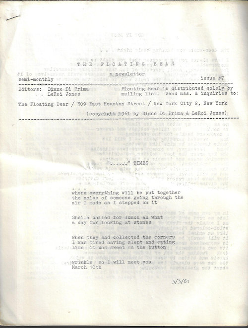 THE FLOATING BEAR (BILL BERKSON) - The Floating Bear, a Newsletter; Issue #7, March, Mar. 3, 1961 (3/3/61)